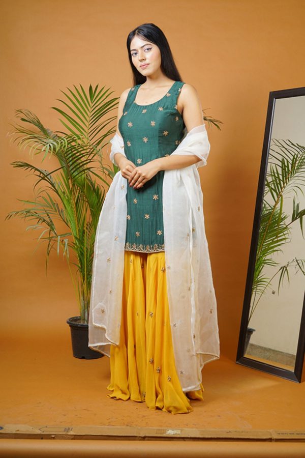 Green Kurti with Mustard Garara Supply