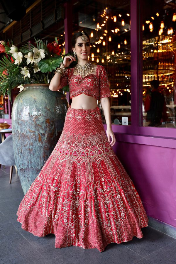 Charlotte  Red Raw Silk Zardosi Embroidered Bridal Lehenga Set For Discount