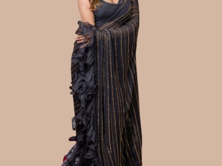 Black Drape Saree With Ruffles And Blouse For Cheap