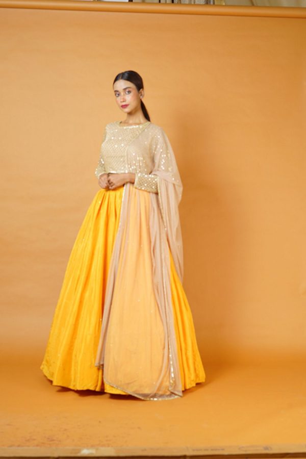 Gold Blouse And Dupatta With Fire Yellow Lehenga Supply