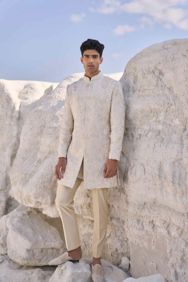 Off-White Three Dimensional Floral Sherwani Set Hot on Sale