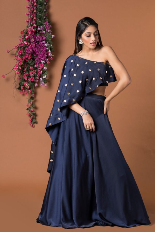 NAVY BLUE CAPE TOP AND LEHENGA SET Online Hot Sale