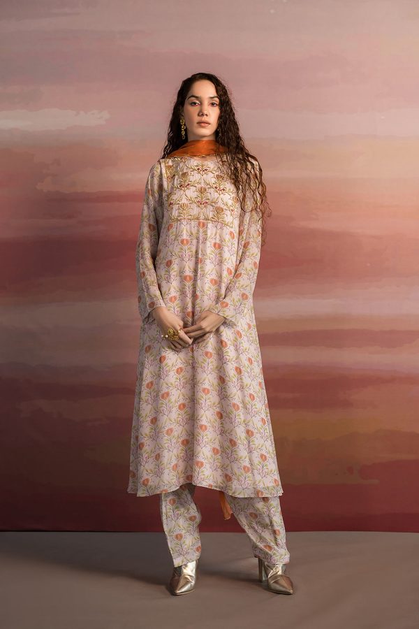 Printed Lotus Embroidered Yoke Long Kurta For Cheap