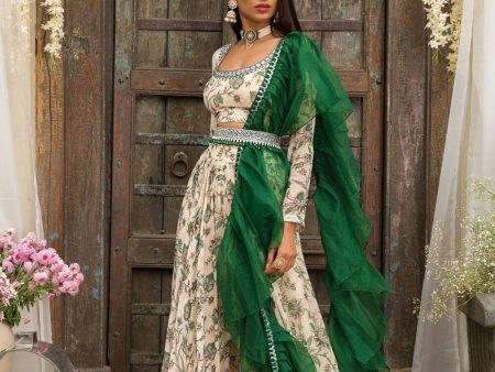 Off White Printed Palazzo Set With Pleated Dupatta And Belt For Sale