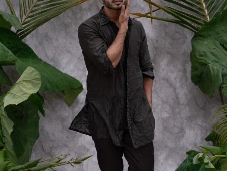 Black Crushed & Embroidered  Shirt Kurta Set Sale