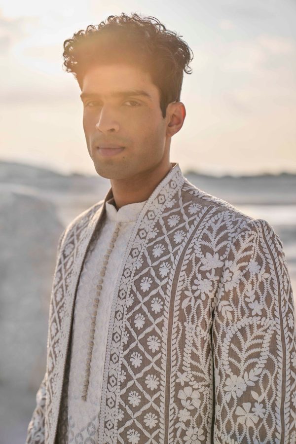 Nude Cream  Open Sherwani Set Cheap