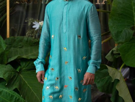 Airy Aqua Camel Embroidered Kurta Set Online now