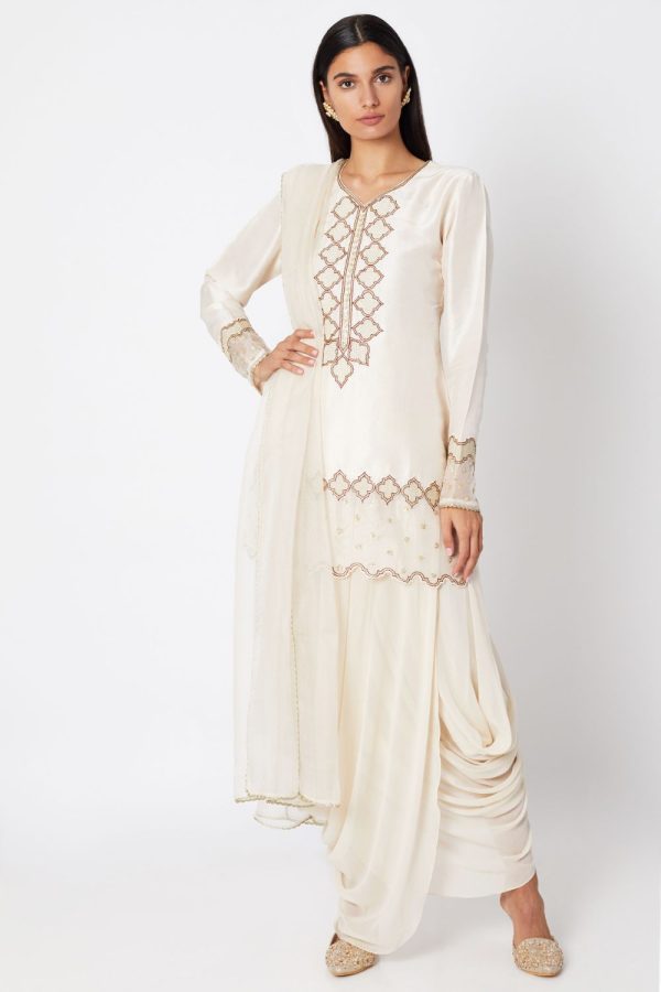 Beige Embroidered Short Kurta Set Hot on Sale