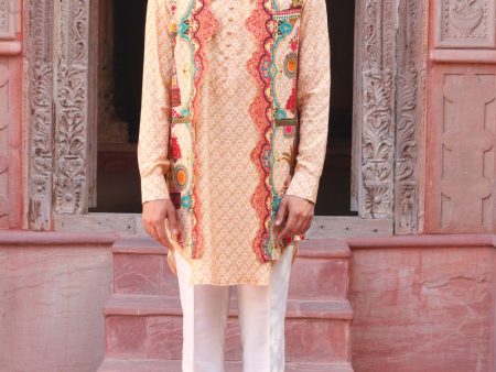 Peach Fuzz Print Kurta With Pant Pajama And Waistcoat Cheap