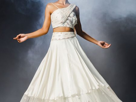 Shell white lehenga set with one shoulder drape top Sale