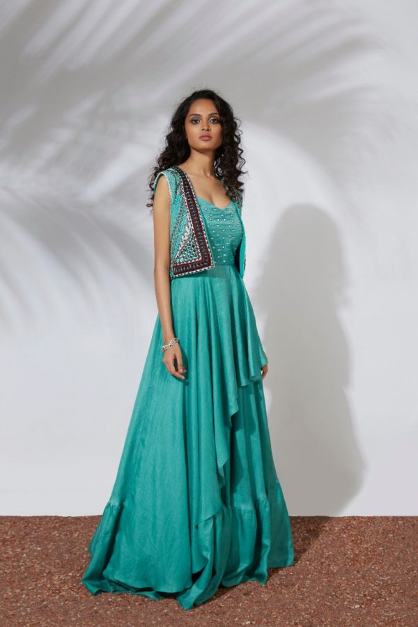 AQUA ASYMMETRICAL GOWN WITH EMBROIDERED CROP JACKET Online Sale