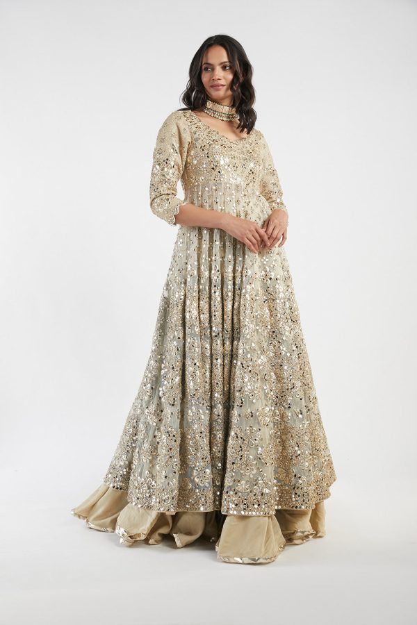 Beige And Golden Embelished  Lehenga Set For Sale