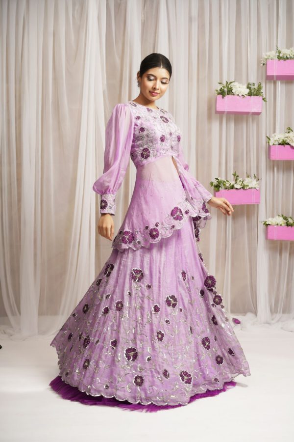 2 PIECE HANDEMBROIDERED PEPLUM TOP WITH LEHENGA SKIRT Discount