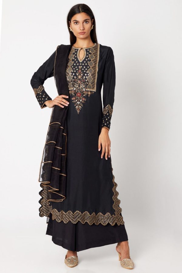 Black Embroidered Long Kurta Set Sale