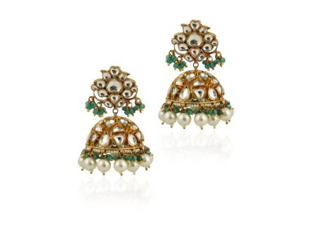 WHITE JHUMKI WITH PEARL AND SEA GREEN HANGINGS For Discount