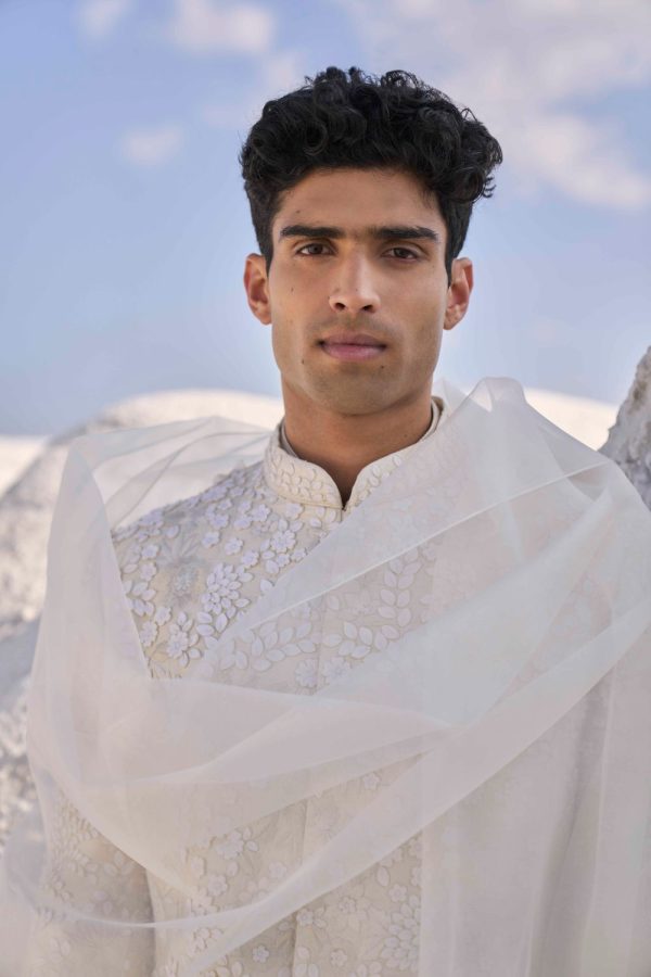 Off-White Three Dimensional Floral Sherwani Set Hot on Sale