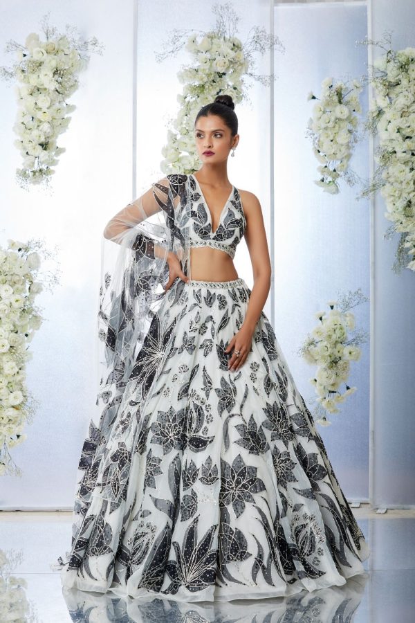 White Black Floral Lehenga Set For Sale