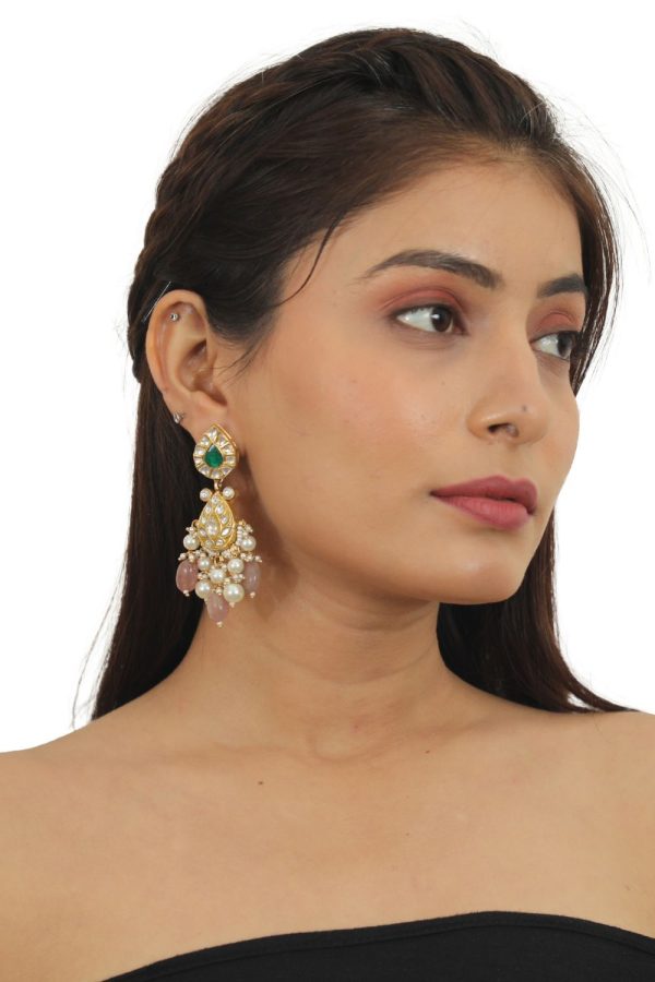 GREEN MEENAWORK EARRINGS WITH WHITE PEARL AND PASTEL PINK BEADS Sale