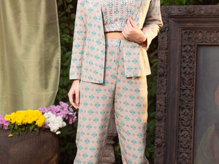 Grey And Teal Printed Pant Suit Online Sale