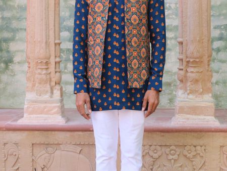 Cobalt Blue Print Kurta With Pant Pajama And Waist Coat Online Hot Sale