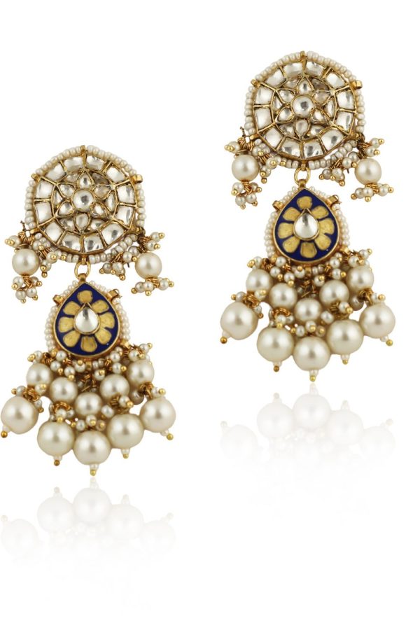 BLUE MEENAKARI EARRINGS WITH WHITE PEARL For Sale