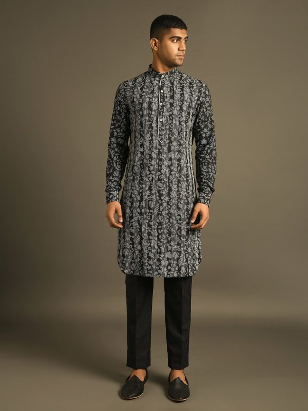 Black Printed And Textured Kurta Set Discount