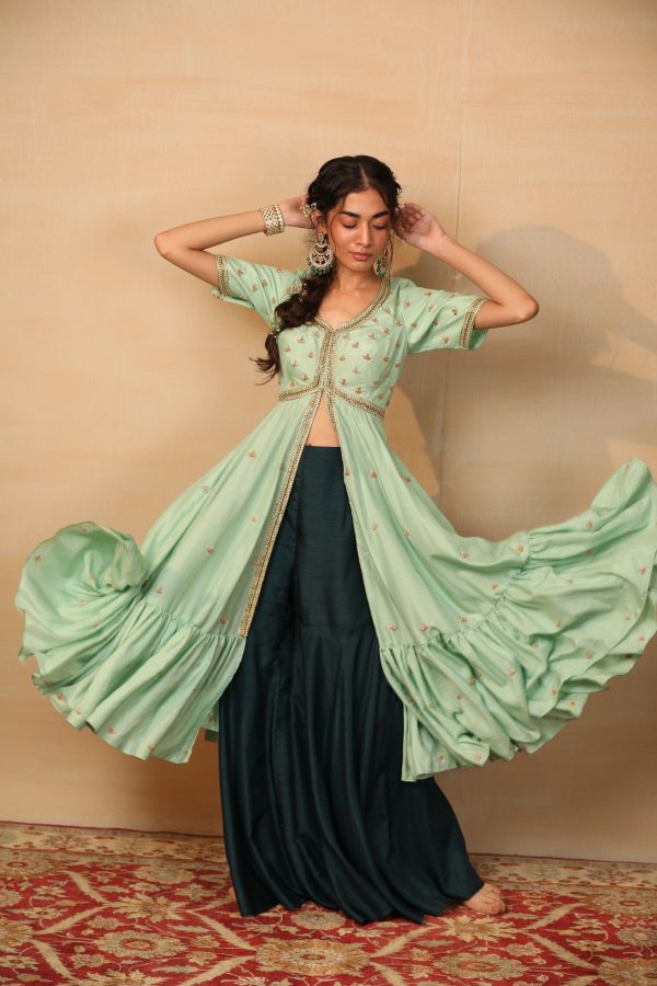 Alia Mint and Dark Green Tiered Jacket Sharara For Sale