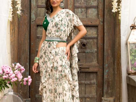 Off White Printed Frill Saree With Embroidered Blouse And Belt Cheap