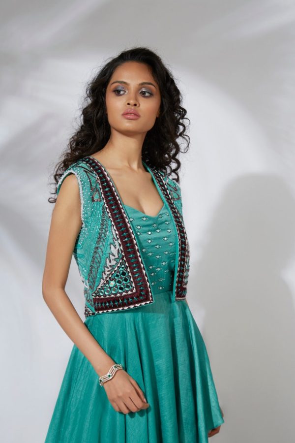 AQUA ASYMMETRICAL GOWN WITH EMBROIDERED CROP JACKET Online Sale