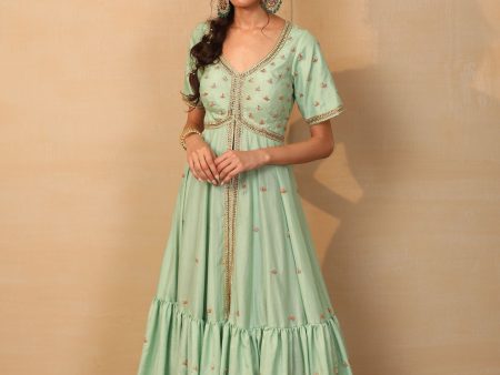 Alia Mint and Dark Green Tiered Jacket Sharara For Sale