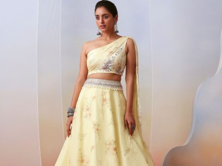 Off White Printed And Embroidered Drape Lehenga Set on Sale