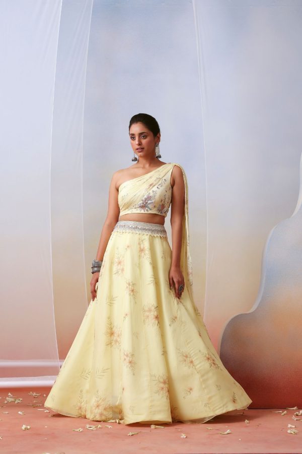 Off White Printed And Embroidered Drape Lehenga Set on Sale