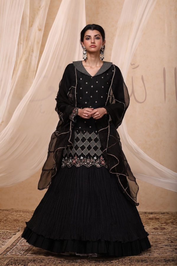 Black Embroidered Kurta Lehenga Set For Cheap