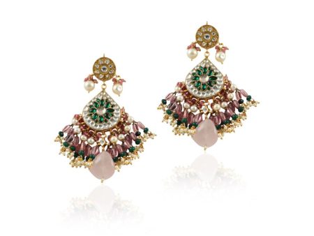 WHITE AND GREEN  STONE EARRINGS WITH  PINK BEADS Online now