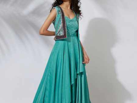 AQUA ASYMMETRICAL GOWN WITH EMBROIDERED CROP JACKET Online Sale