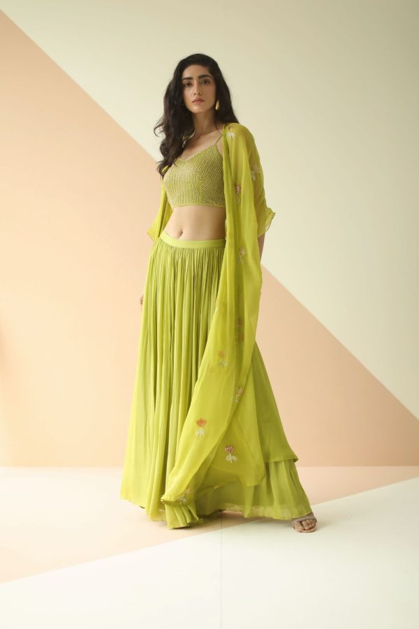 LIME GREEN HEAVY STEP BLOUSE SHARARA WITH BUTI ORGANZA JACKET Sale