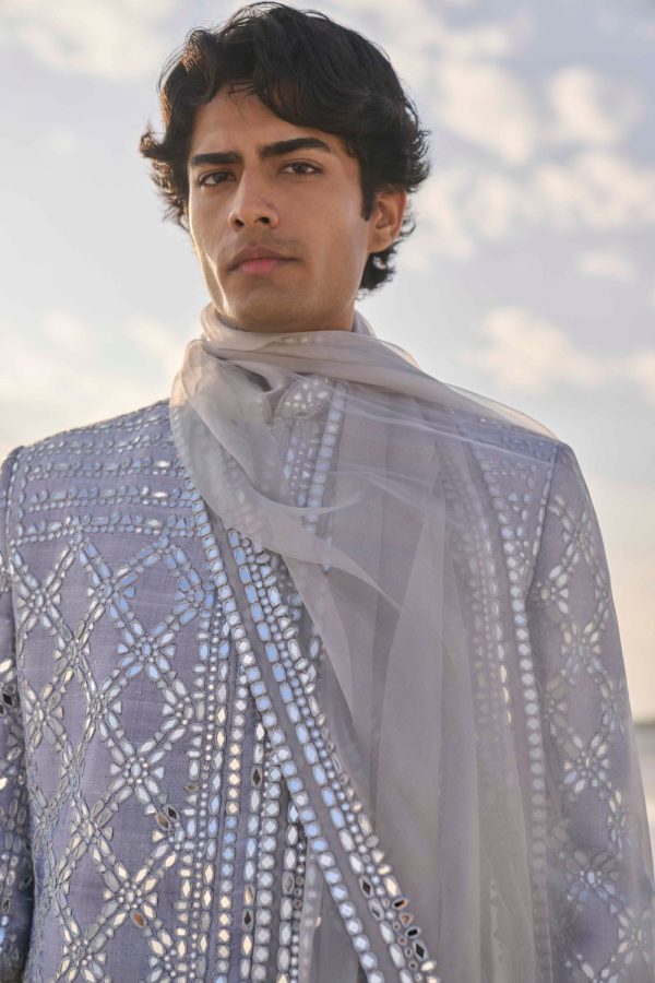 Metallic Grey Mirror Work Sherwani Set For Sale