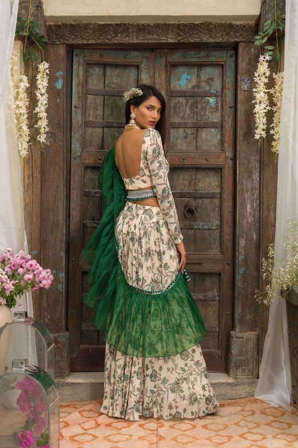 Off White Printed Palazzo Set With Pleated Dupatta And Belt For Sale