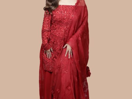 Red Hand Embroidered Kurta With Sharara  Set For Discount