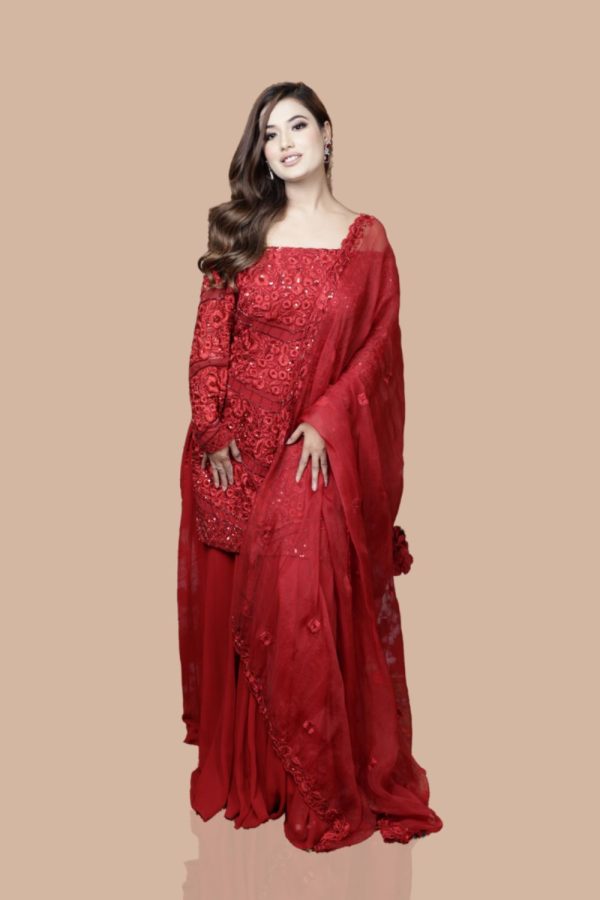 Red Hand Embroidered Kurta With Sharara  Set For Discount