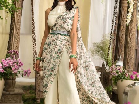 Off White Printed Pant Saree With Embroidered Belt For Sale