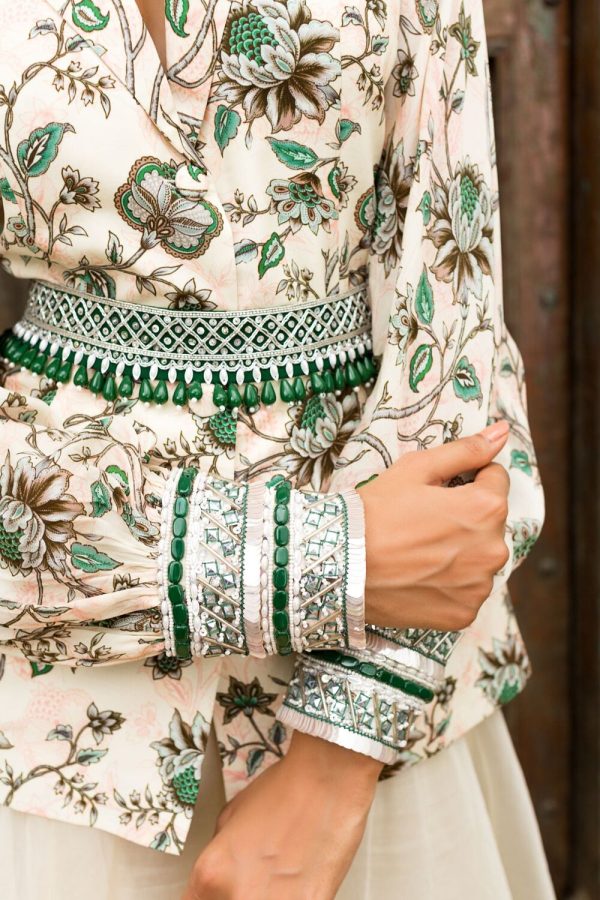 Off White Printed Jacket With Palazzo And Embroidered Belt Fashion