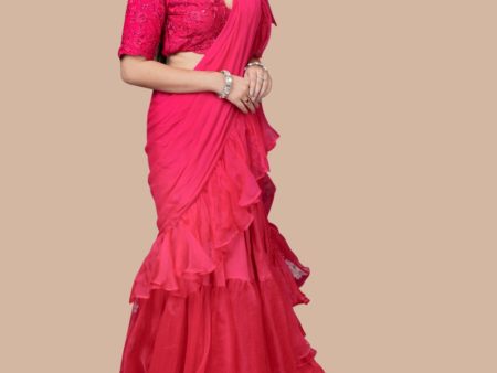 Rani Pink Drape Saree With Ruffles And Blouse Fashion