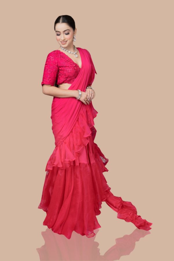 Rani Pink Drape Saree With Ruffles And Blouse Fashion