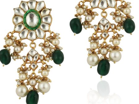 GREEN MEENAWORK EARRINGS WITH WHITE PEARL AND GREEN BEADS For Cheap