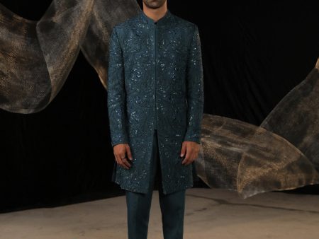 Azure Teal Indowestern With Ai Designed Bead And Resam Work Online Sale