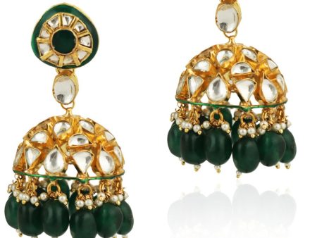 GREEN MEENAWORK JHUMKI WITH GREEN BEADS Fashion