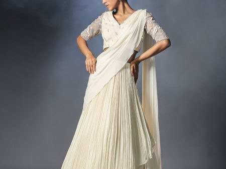 Shell white pre-stitched drape saree set For Cheap