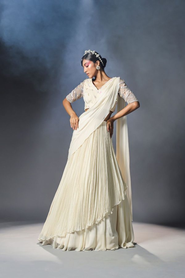 Shell white pre-stitched drape saree set For Cheap