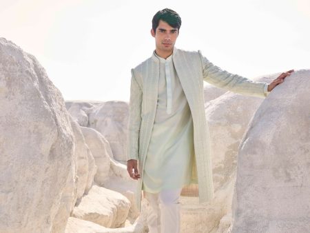 Sea Green Pearl Open Sherwani Set Cheap